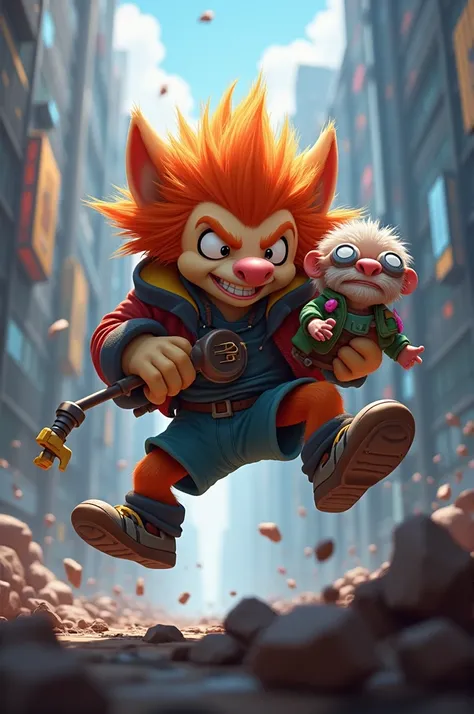 Make a super realistic picture of Ziggs taking the Heimerginger from League of Legends 