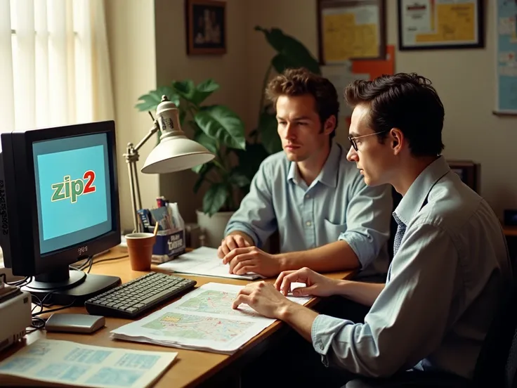 A 1995 startup scene showing Elon and his brother working in a small, humble office setting with Zip2 logo on a computer screen. Papers, maps, and directories are scattered around, showing the early days of their business struggle