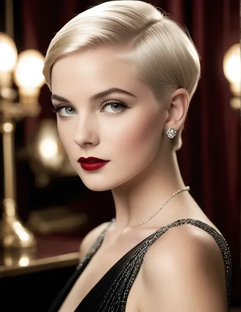 A stunning young woman with fair skin and a chic pixie cut, her platinum blonde hair slicked back and glistening. She exudes 1920s Hollywood glamour, appearing 26 years old in a black and white photograph of impeccable quality. The image captures her class...