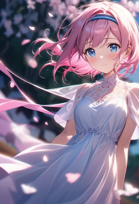 (CG Unity 8k Wallpaper Very Detailed ) ( Higher quality  ) (Better lighting) (an extremely delicate and beautiful) (floating) (beautiful) (Spring atmosphere) ( 1 girl) (Long pink hair), ( headband), (detailed and beautiful blue eyes), (( Very Short White D...