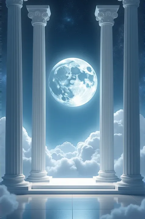 The moon between white columns on cloud at night in heaven 