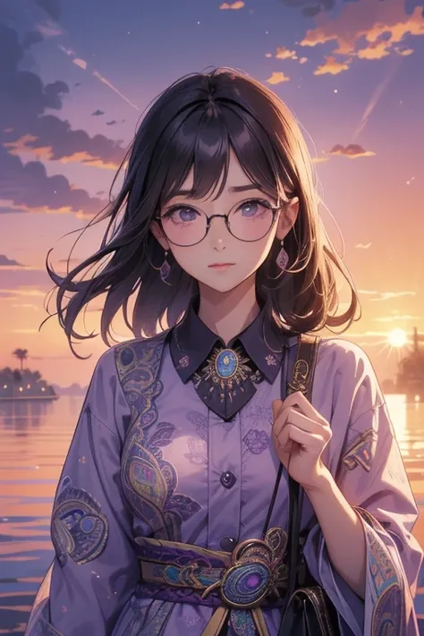 Beauty、 Egypt 、Bailey shirt  、Glasses、Beauty、   medium breasted  、  stylish  、Paisley、白に黒のPaisley模様、(赤いGlasses)).((  shortcuts)).((Laugh gently)).(( Fantastic sunset sky with purple clouds)).