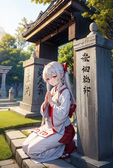  A shrine maiden praying for peace in front of a stone monument with ancient characters written on it,,White and gold-based costume 