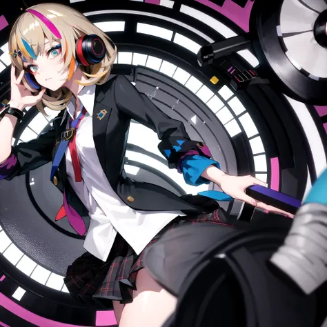 Best Quality, masterpiece,  1 girl, Solo Elizabeth  (that),  headphones,   colorful clothes, tie,  jacket,  checked skirt, Window、