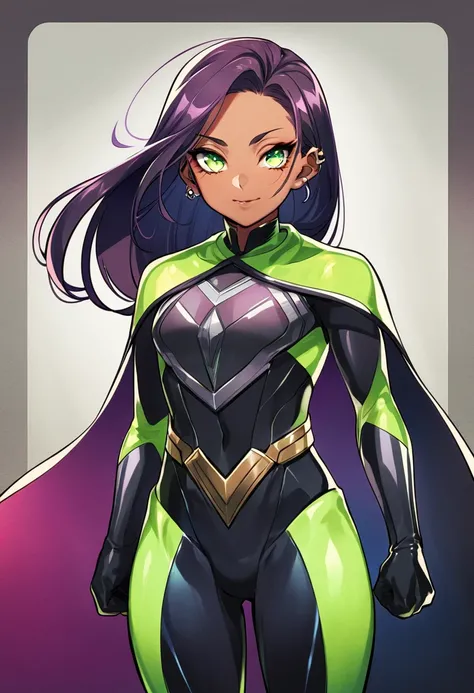 beautiful athletic African American woman with long dark purplish hair,piercing bright green eyes,striking modified superhero costume with cape and mask