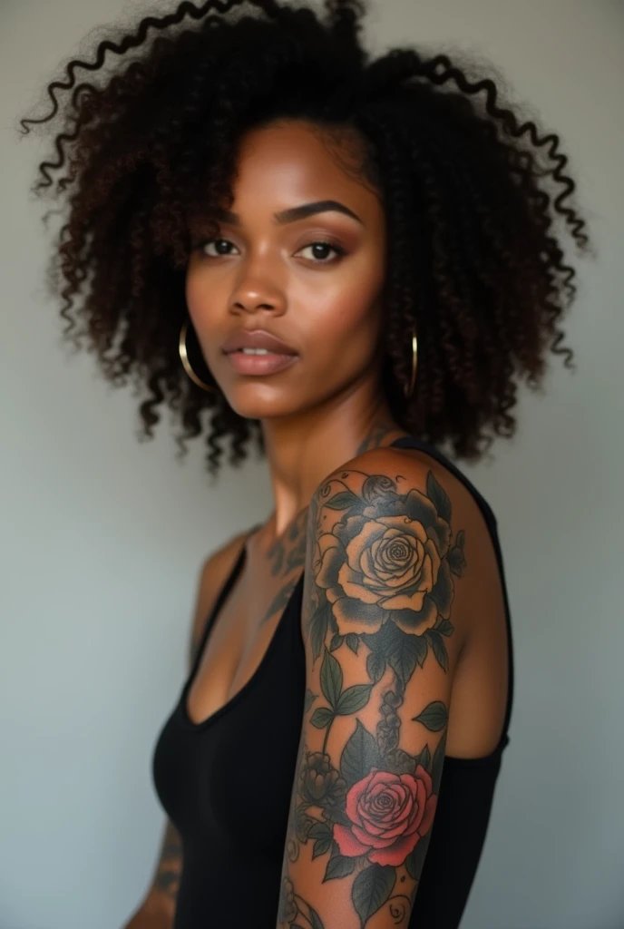 black woman with tattooed arm with minimalist tattoos all over her arm and curly hair show me the tattoo designs