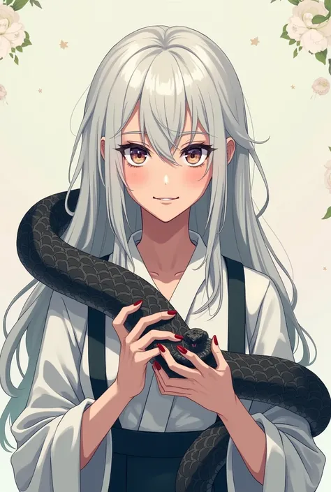 An 18-year-old female anime character is a white-haired snake artist holding a snake as a pixel image.