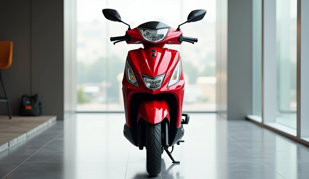 Give me A front view 2025 Suzuki access 125 colour red in showroom view