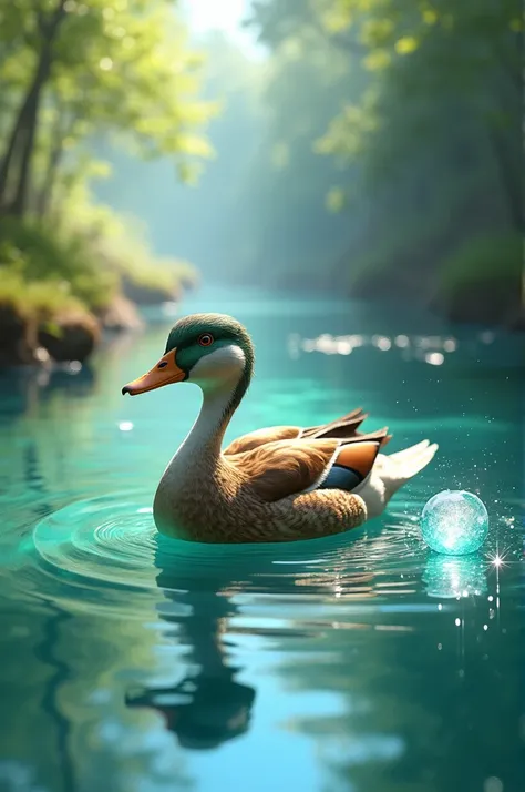 Create an image of duck and gem, Realistic look, background is a natural river.