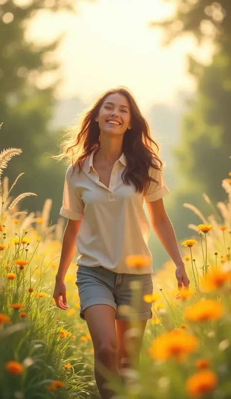  a smiling person,  walking in a sunny place , at peace with herself , surrounded by nature .  The expression is one of serenity and trust,  and the environment transmits security .