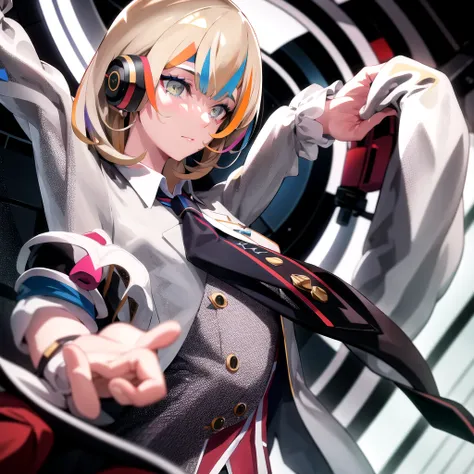 Best Quality, masterpiece,  1 girl, Solo Elizabeth  (that),  white headphones,   colorful clothes, tie,  jacket, Window,  upper body,