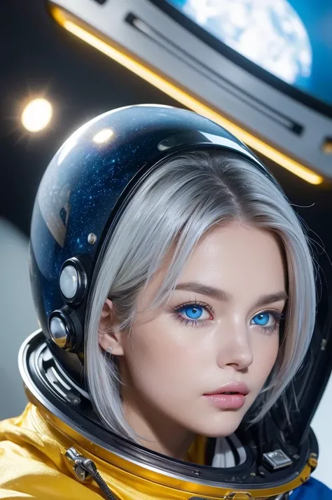  better masterpieces：1.5)0.9]、(Space and astronauts：1.2) (Disheveled silver hair：1.1) (Heterochromia and Yellow and Blue Eyes：1.2) ( Space Helmet ：1.0) (Colored stars in the eyes：1.0) (Shining Light：1.1) (Thick lips：0.9)