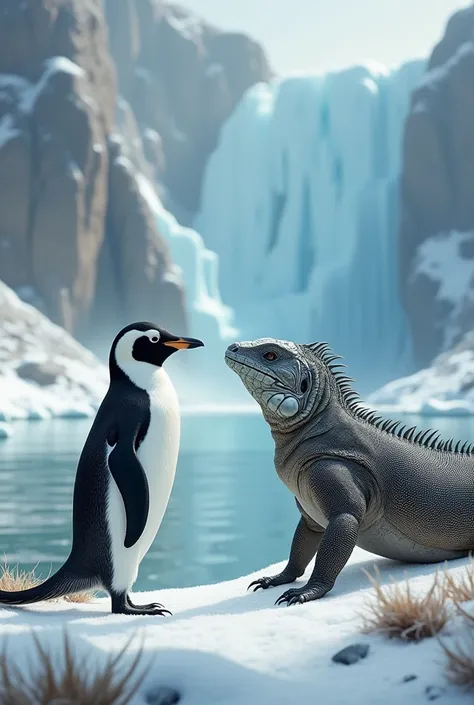 On a frosty shore, a curious penguin stands watching a large, scaled lizard basking in the sun. Their eyes meet in a scene that bridges the cold and the warm-blooded world."