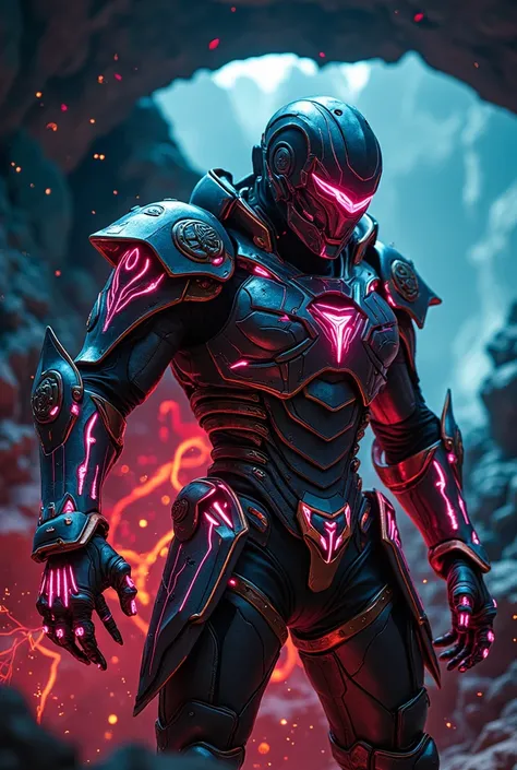 cyber warrior, Spectacular backdrop, glowing with mysterious energy. Detailed armor with intricate designs, glowing runes, shot with a Nikon Z7 II, 50mm f/1.4 lens, vibrant colors with deep shadows and high contrast