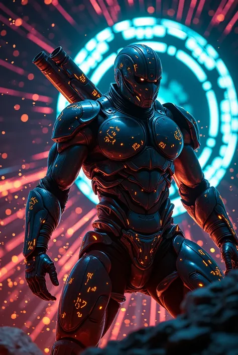 cyber warrior, Spectacular backdrop, glowing with mysterious energy. Detailed armor with intricate designs, glowing runes, shot with a Nikon Z7 II, 50mm f/1.4 lens, vibrant colors with deep shadows and high contrast