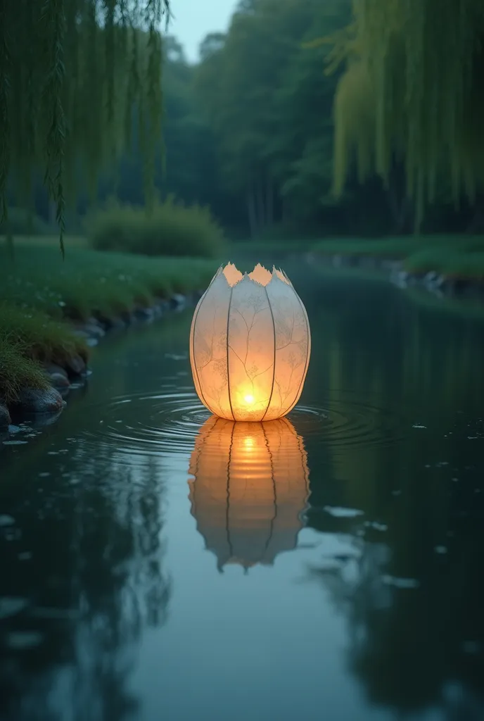 a lantern floating on the serene lake make reflection on the water, quit and peaceful nuance