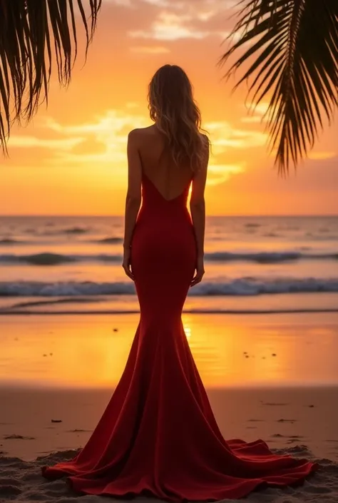 A stunning model stands on a sandy beach at sunset, wearing a form-fitting, elegant dress that accentuates her figure. The gown features a deep neckline and flowing fabric that catches the warm, golden light. The vibrant sunset casts hues of orange and pin...