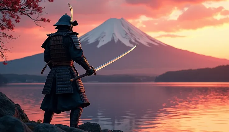  a wild samurai carrying a large Japanese sword on his back sharpens his sword skills、On the shores of a lake with a large view of Mt. Fuji 、 the sunset is dazzling、masterpiece,  Hi-Res, Best Quality,