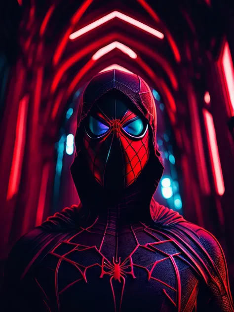 grim portrait of Spider-Man Noir from Marvel Comics with intricate angular cybernetic implants inside a brutalist building, gothic brutalist cathedral, cyberpunk, award-winning photo, bokeh, neon lights, cybernetic limb