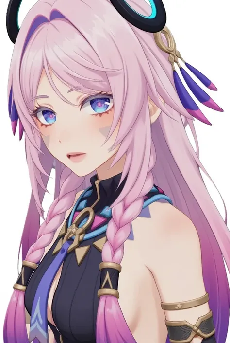 1girl,solo,cowboy shot,from side,seductive smile,pink hair,parted bangs,very long hair,twin braids,(hair ornament),(facial mark),blue eyes,pink pupils,citlali official character costumes,citlali,(facial mark)