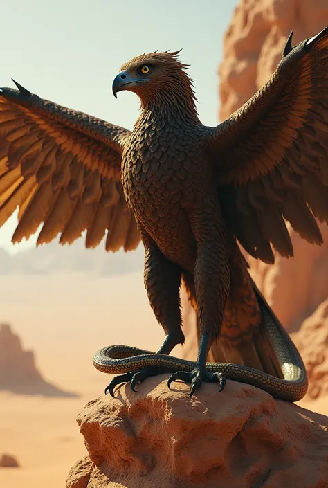 : "A hawk with a cobra’s hooded neck and piercing eyes stands poised on a desert rock. Its wings spread wide, casting a shadow that reflects both speed and venomous precision."