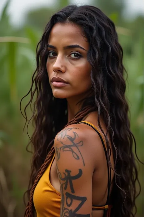 Indigenous Brazilian woman, Warrior, long hair, shaved hair in the inicial of side hair, 