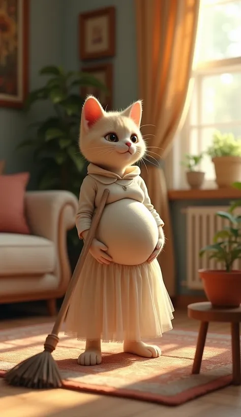 A pregnant female cat with a large belly, wearing a dress, is sweeping the floor in the living room. The setting is a cozy living room.


