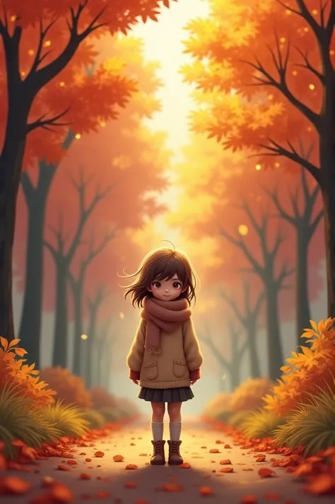 
Imagine a young girl standing on a forest path, surrounded by vibrant autumn trees. The leaves are in full fall colors—reds, oranges, yellows, and browns—and they’re falling gently around her. She’s dressed warmly in a cozy sweater and scarf, her hair blo...