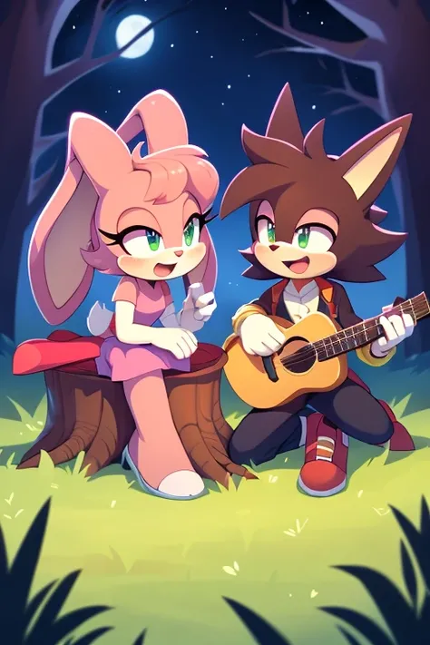 Male human amirhossein ajorloo and female furry sara rabbit mode of sit down in tree trunk in grass amirhossein ajorloo play guitar sing love for sara rabbit sara rabbit mode feel love look at amirhossein ajorloo night sky fluffysonic style 