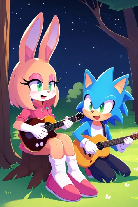 Male human amirhossein ajorloo and female furry sara rabbit mode of sit down in tree trunk in grass amirhossein ajorloo play guitar sing love for sara rabbit sara rabbit mode feel love look at amirhossein ajorloo night sky fluffysonic style 