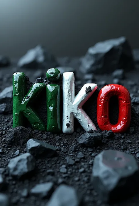 Letters that say KIKO in Italy in black diamonds with black volcanic lava and an Italian flag melting the letters