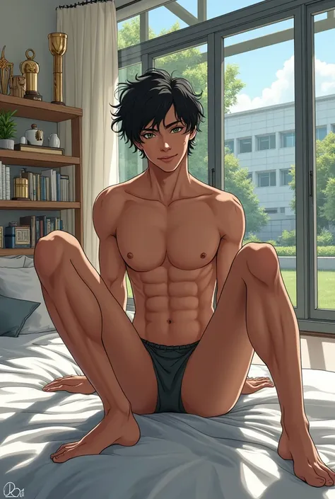 ((fulllbody))homoerotic illustration, Brazilian anime drawing 5 point distance composition of a handsome strong handsome young man of 20 years old smooth black wavy short hair , dark skin black nipples and navel green eyes a beautiful smile short hair shav...