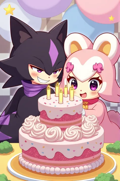 Kuromi and Cinnamon Roll Sanrio characters ,  are both blowing candles out of a birthday cake .