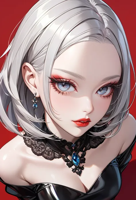 Crimson Background、(Best Quality, very detailed, Hi-Res:1.2),Slim Albino Girl ， Grey Belly Shorthair, Grey Bangs ，very_ Long eyelashes, Detailed lips,  cool look, Maya koz,  shiny hair, ELEGANT MAKEUP ，， taken from above，Model pose