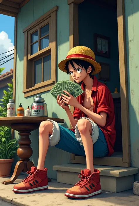 luffy holding money on the side of the house sitting with a table with a cigarette turned jordan shoes