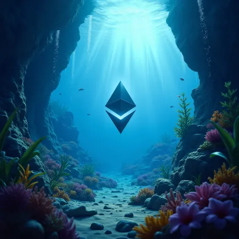 SEA BOTTOM IN THE FAR, WITH ETHEREUM BACKGROUND WITH ETHEREUM IN THE SEA

