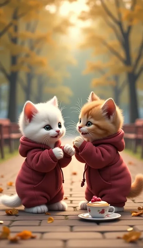 A white kitten is walking and chatting with a brown kitten in the park in the afternoon, both wearing maroon furry jumpsuits, happy smiling expressions, background of chairs, tables, a cup of tea, a plate of cakes in the distance