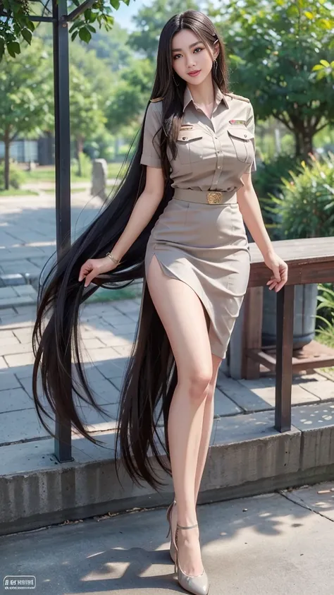 Standing posture ripped legs, Low angle shot:1.1, You can see the panties , (( full body photo :1.3)),  slim body , Khaki suit, Khaki civil servant, Thai teacher uniform:1.3, Two meters long hair,  Eye-catching long hair , Long black hair, Her hair is very...