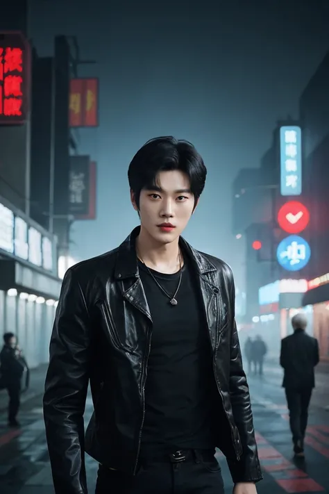 Japanese man white grey hair ,  muscular in black leather jacket and black shirt,  Digital art  inspired by Zhang Han, tumblr,  Digital art , Wonbin Lee, Jung Jaehyun,  rain-shining , Cai Xukun, Jinyoung Shin, Very aesthetically pleasing leather jacket, In...