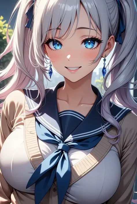  silver hair,  blue eyes、   girl、  small breasts、  twin tails、smile、gal   girl、she&#39; wearing cute earrings、uniform、  knitted cardigan 、 highlight eyes、School、 Blue Sky