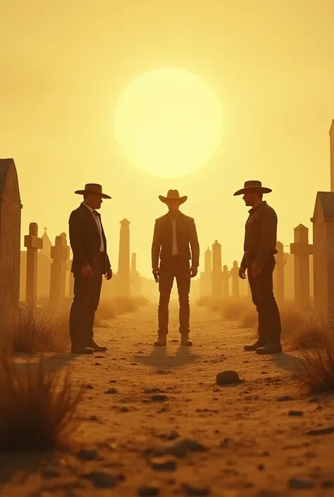 Wide Shot (Establishing) Description: A wide panoramic shot captures the circular, dusty cemetery. The camera is slightly elevated, showing the three characters—Blondie (The Good), Angel Eyes (The Bad), and Tuco (The Ugly)—positioned in a triangular stando...