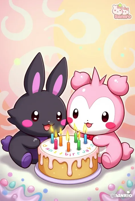  Sanrio characters , Kuromi and Cinnamon Roll are blowing candles on a birthday cake .