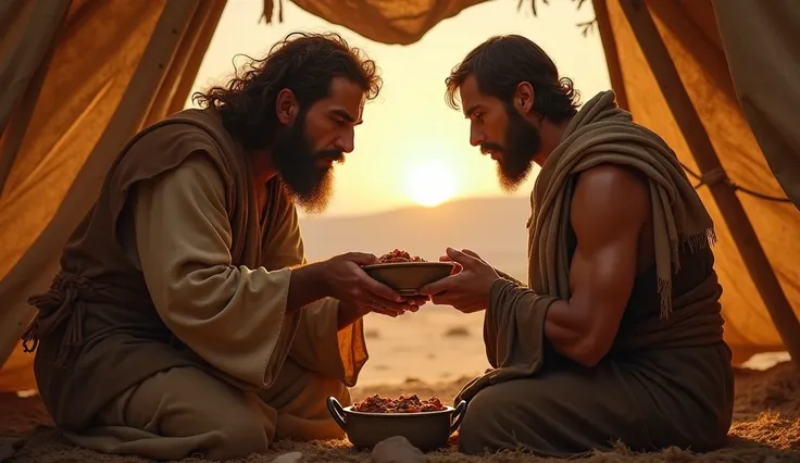 Ultra-realistic image of Esau, a robust-looking man in hunters clothing, exhausted and hungry, looking at Jacob with a bowl of stew in his hands. Jacob, with a sly expression, offers the dish, while Esau reaches out in despair. The scene is illuminated by ...