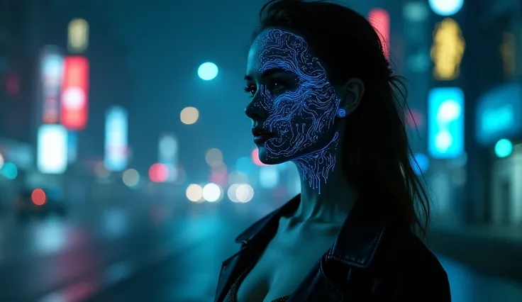 a beautiful russian girl on the right side of the picture, cleavage, dark cyberpunk city background, half of her face shows blue glowing wires like a terminator