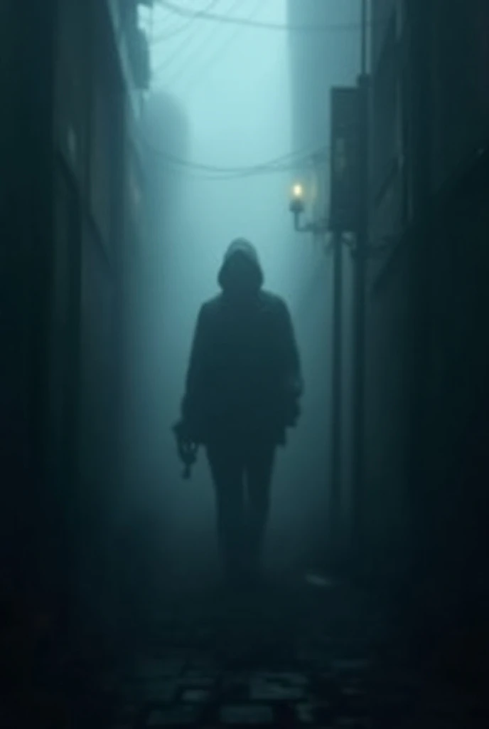 A chilling image of a shadowy figure walking away into a foggy alley, with the silhouette of the figure becoming increasingly blurred, as if they could be anyone. A close-up of a phone screen with the message “Trust No One” appearing ominously.
