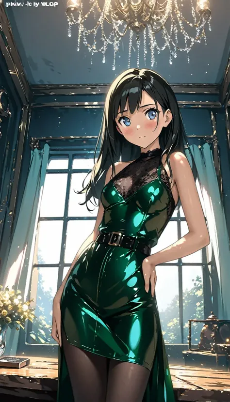 (The image is a digital illustration of a young woman posing in a luxurious room. She is wearing a green latex dress with a halter neckline and short sleeves. The dress is cinched at the waist with a black belt. She has long dark hair styled in loose waves...