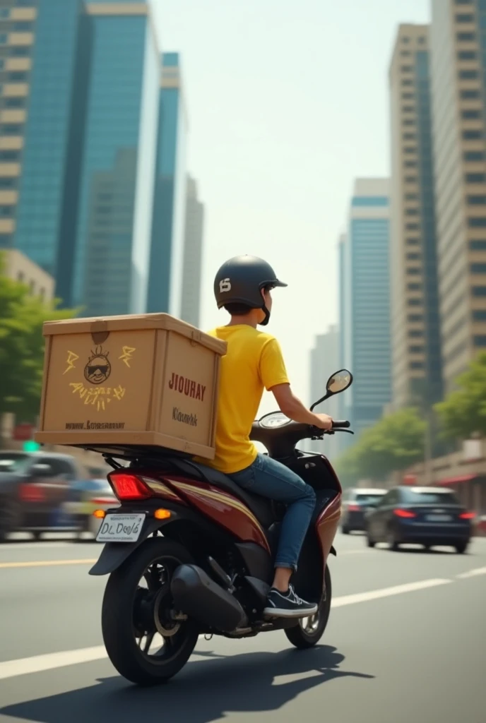 A common food delivery boy in kuwait city 
Bike and back side need a box. Box name is jouhar 
In bike man in yellow t shirt carroon photo and realastic