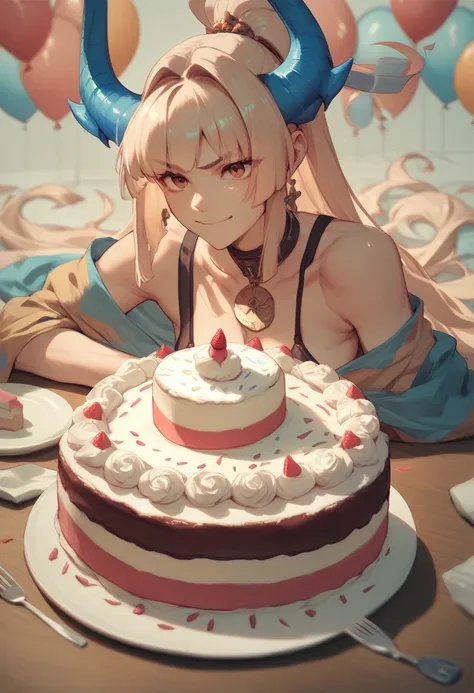 Yamato smiles with big birthday cake on her table