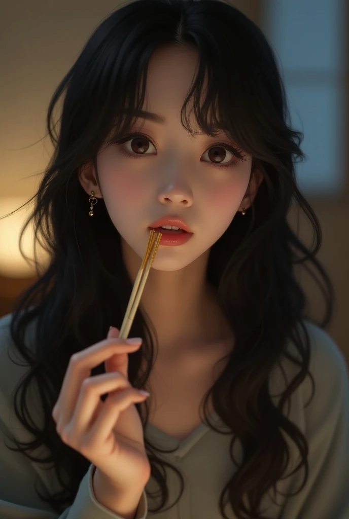 Japanese woman with long black hair is eating Pocky　Selfie