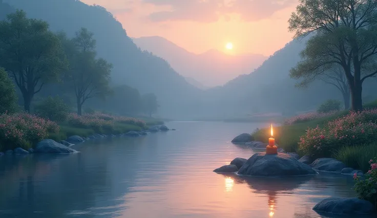 A serene, symbolic scene depicting a peaceful river flowing gently under a calm sky at dusk, with soft, warm colors reflecting in the water. The surroundings are lush, with green trees, flowers, and gentle hills, all bathed in a soft glow of evening light....